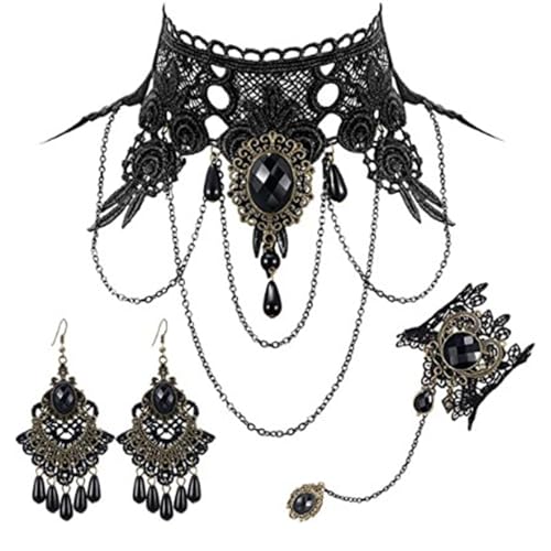 Gothic Punk Schmuckset für Frauen - 5-teiliges Halloween-Kostüm-Zubehör mit Spitzen-Choker-Halskette, Armband und Ohrringen, perfekt für Cosplay, Mottopartys, Hochzeiten, 6.24x4.68in, Spitzenlegierung von Generisch