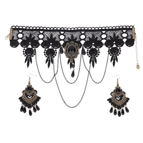 Gothic Punk Schmuckset für Frauen - 5-teiliges Halloween-Kostüm-Zubehör mit Spitzen-Choker-Halskette, Armband und Ohrringen, perfekt für Cosplay, Mottopartys, Hochzeiten, 8.97x5.46in, Spitzenlegierung von Generisch