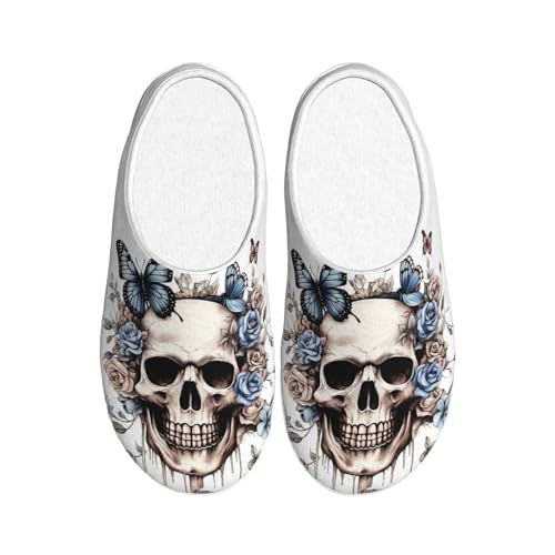 Gothic Skull Damen Hausschuhe Flanell Haus Pantoffeln für Herren Schmetterling Skelett rutschfeste Warme Winterschuhe für Indoor Outdoor, mehrfarbig, X-Small Men/ XX-Large Women von Generisch