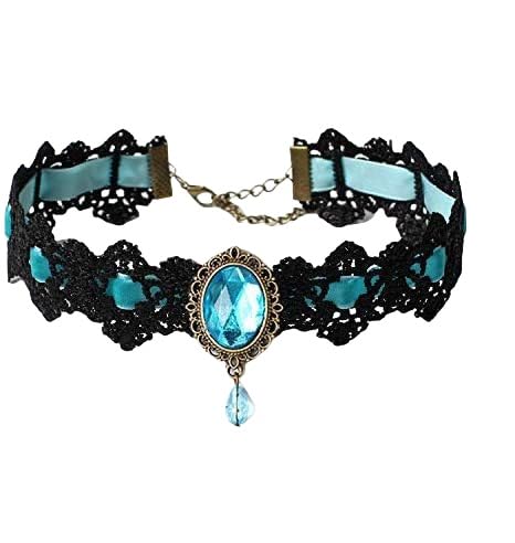 Gothic-Spitzen-Choker-Halskette Mit Vintage-Kristall-Edelsteinen Für Damen, Handgefertigte Gothic-Halskette Aus Schwarzer Spitze Für Halloween-Punk-Kostümparty, Royal Court Vampire Choker, Blauer von Generisch