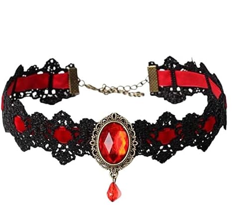 Gothic-Spitzen-Choker-Halskette Mit Vintage-Kristall-Edelsteinen Für Frauen, Handgefertigte Gothic-Halskette Aus Schwarzer Spitze Für Halloween-Punk-Kostümparty, Royal Court Vampire Choker, Roter von Generisch