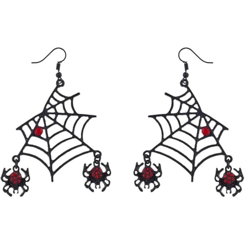 Gotische schwarze und rote Spinnennetz-Ohrringe mit Strasssteinen für Frauen – Kristall – verziertes Spinnen-Tropfen-Design, idealer Halloween-Statement-Schmuck für Party und Cosplay von Generisch