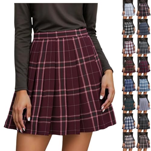 Grau Damen Dehnbar Faltenrock Schulmädchen Skater Tennis Basic Mini Rock Karierter Faltenrock für Damen und Mädchen Hohe Taille Japanische Schuluniform A-Linie Plissiert JK-Rock XS S M L von Generisch