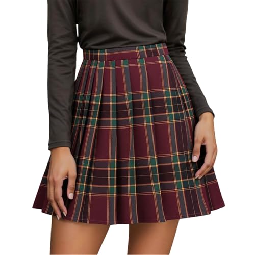Grau Damen Dehnbar Faltenrock Schulmädchen Skater Tennis Basic Mini Rock Karierter Faltenrock für Damen und Mädchen Hohe Taille Japanische Schuluniform A-Linie Plissiert JK-Rock XS S M L von Generisch