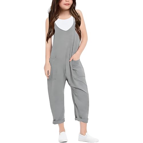 Grau Latzhose Kinder Mädchen 140 Einfarbig Overall Sommer Jumpsuit Lang Weites Bein Trägerhose Lässige Strampler Ärmellos Romper V-Ausschnitt Sommeroveralls Freizeithose Playsuit Mit Taschen von Generisch