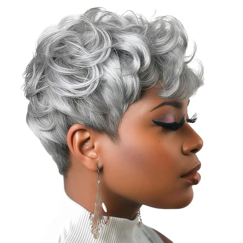 Graue lockige Perücke für Damen, realistisches, kurzes, gewelltes Kunstfaserhaar, ideal für lässige und formelle Styles von Generisch
