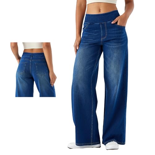 Grevela Pull Up Jeans, Grevela Stretch Jeans, High Rise Straight Wide Leg Washed Stretch Casual Pants Mehrere Taschen, dunkelblau, L von Generisch