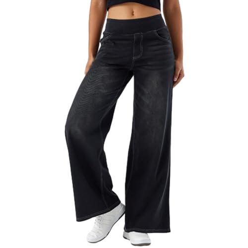 Grevela Pull Up Jeans, Grevela Stretch Jeans, High Rise Straight Wide Leg Washed Stretch Casual Pants Mehrere Taschen, dunkelgrau, L von Generisch