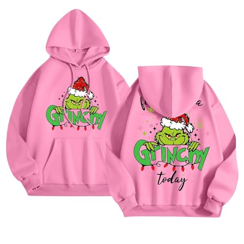 Grinch Sweater Damen Grinch Anzug Weihnachtspullover Damen Lustig üBergroßE Langarm Kapuzenpullover Mit Taschen Mode Weihnachten Grafik Backprint Sweatshirts Grinch KostüM 5XL von Generisch