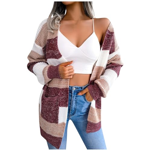 Grobstrick Strickjacke Damen Lang Gestreift Strickjacken Für Damen Winter Langarm Elegant Mittellang Strick Cardigan Streifen Grobstrickjacke Damen Warm Mit Tasche Strickmantel Mit Schalkragen von Generisch