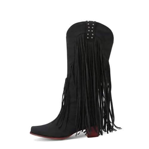 Große Größe 43, kniehohe Damenstiefel mit modischem Fransen, runder Zehenpartie und Absatzplattform für einen Designer-inspirierten Street-Look, 4, 38.5 EU von Generisch
