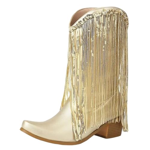 Große Größe 44–46 Damen Cowboystiefel mit quadratischem Zehenbereich, Blockabsatz und Fransen-Detail, Slip-On-Stil für den täglichen Gebrauch, gold, 40 EU von Generisch