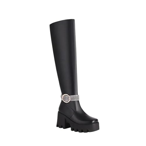 Große Größe 45 46 Damen Oberschenkelhohe Stiefel mit hohem quadratischem Absatz und schmaler elastischer Bein-Passform mit quadratischer Zehenpartie und seitlichem Reißverschluss, perfekt für von Generisch