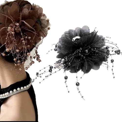 Große Haarklammer mit Schmetterlingsquaste, Vintage-Tüllblume, elegantes Perlenfeder-Accessoire für Damen, stabiler Halter für mitteldickes Haarstyling, halb hochgesteckter Dutt(1 x Schwarz) von Generisch