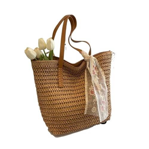 Große Kapazität Tote Bag Frauen Schultertasche Handgemachte gewebte Tasche Frisch ländlich Handheld Gras gewebt Frauen Tasche, braun, 32x14x33cm von Generisch