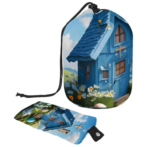 Große Make-up-Tasche, wasserdicht, Kordelzug, Kulturbeutel, Organizer für Damen, blaues Oster-Kreuz-Haus, mehrfarbig, 9.9x6.9in/25.2x17.6cm;6x3.5in/15.2x8.8cm von Generisch