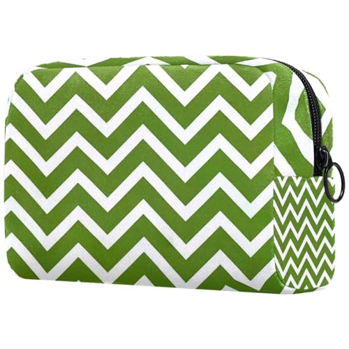 Große Make-up-Tasche mit Reißverschluss, Zickzack-Muster, Reise-Kosmetik-Organizer für Damen, Grün / Weiß, multi, 18.5x7.5x13cm/7.3x3x5.1in, Art déco von Generisch