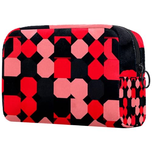 Große Make-up-Tasche mit Schachbrettmuster, mit Reißverschluss, Reise-Kosmetik-Organizer für Damen, Rot und Schwarz, multi, 18.5x7.5x13cm/7.3x3x5.1in, Art déco von Generisch