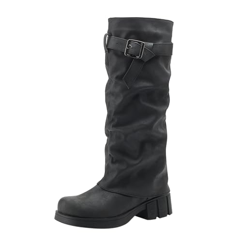 Große Retro-Stiefel für Damen, mittelhoch, Kampfstiefel, schwarzes Kunstleder, Schnallendetail, klobige Plateausohle, dicker Gürtel, hoch für Damen, Herbst und Winter, Schwarz , 38.5 EU von Generisch