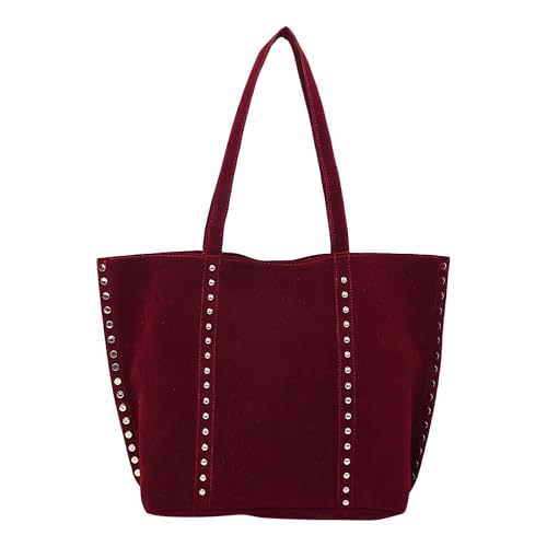 Große Schultertasche aus Wildlederimitat, mit Nieten, Handtasche, Hobo-Tasche für Damen, Einkaufen und Arbeit, weinrot, 19.69x13.39x5.12inch von Generisch