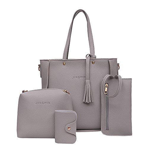 Große Tragetasche mit Reißverschluss, Schultertasche, vier Damen-Handtaschen-Set, Geldbörse, Tasche, grau, Einheitsgröße von Generisch