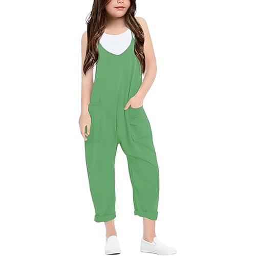 Grün Latzhose Kinder Mädchen 140 Einfarbig Overall Sommer Jumpsuit Lang Weites Bein Trägerhose Lässige Strampler Ärmellos Romper V-Ausschnitt Sommeroveralls Freizeithose Playsuit Mit Taschen von Generisch