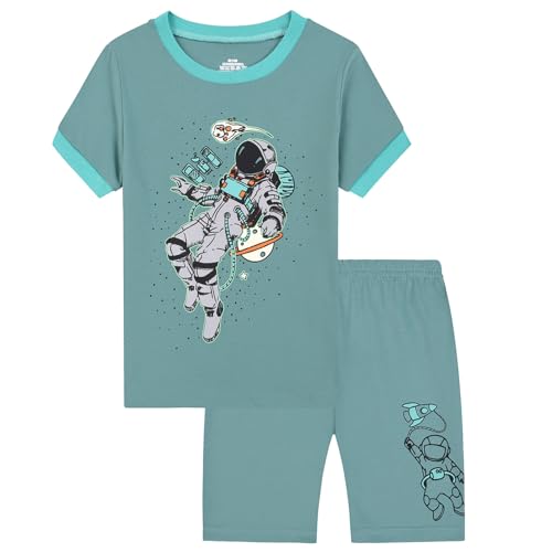 Grün Schlafanzug Jungen 134 Sommer Nachtwäsche Für Mädchen Astronauten Kinder Zweiteiler Hausanzug 2-Teiler Kurze Hose Und T-Shirt Pyjama Set Schlafanzüge Kurz Sleepwear Kids Boys von Generisch