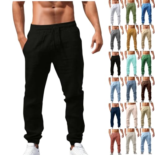 Grüne Leinenhose Herren Atmungsaktiv Sommerhose Leicht Komfortabel Freizeithose mit Kordelzug Casual Strandhosen Taschen Loungewear Elastischer Bund Urlaub Yoga Hosen Alltag Männer Schlupfhosen von Generisch