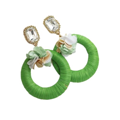 Grüne Runde Raffia Ohrhänger für Damen – Handgefertigte Gewebte Boho Blumen Ohrstecker Im Retro Stil, Tropischer Urlaubsschmuck für Den Sommerstrand von Generisch