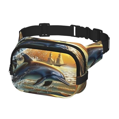 Gürteltasche für Herren und Damen, Gürteltasche, Hüfttasche für Laufen, Wandern, Sport, zwei Delfine, die aus dem Wasser springen, mehrfarbig, Einheitsgröße, Geldgürtel von Generisch