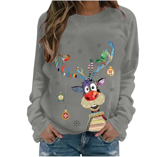 Guhmomh Weihnachtspullover Damen Rudolph Rentier Druck Pullover Weihnachten Sweatshirt Weihnachts Winterpullover ohne Kapuze Lustig Sweater Tuniken Christmas Oberteile Angebote Grau 3XL von Generisch