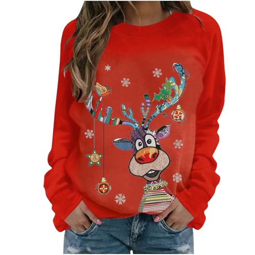 Guhmomh Weihnachtspullover Damen Rudolph Rentier Druck Pullover Weihnachten Sweatshirt Weihnachts Winterpullover ohne Kapuze Lustig Sweater Tuniken Christmas Oberteile Gutscheine Rot XL von Generisch