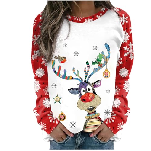 Guhmomh Weihnachtspullover Damen Weihnachten Pullover Rudolph Rentier Druck Sweatshirt Weihnachts Winterpullover ohne Kapuze Christmas Sweater Weihnachtspulli Tuniken Angebote Wassermelonenrot XXL von Generisch