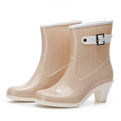 Gummischuhe Damen für Regen,Regenstiefel für Damen Kurz,einfarbige Rutschfeste mit Blockabsatz Punk Mid Boots Wasserdicht High Heel Water Schuhe Stiefeletten von Generisch
