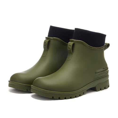 Gummistiefel Damen Paare Mode Regenzeit Rohr Mund Volltonfarbe Regen Schuhe Dicke Regenfeste rutschfeste Regen Stiefel Schuhe Damen 41 Wasserdicht (Army Green, 40) von Generisch