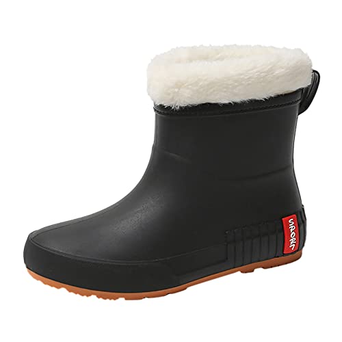 Gummistiefel Damen Regenstiefel mit mittlerem Fass für Studenten, warm, wasserdicht, rutschfest, Plus Samt-Wasserschuhe, Gummischuhe Damen Schuhe Keilabsatz Elegant (Black, 39) von Generisch
