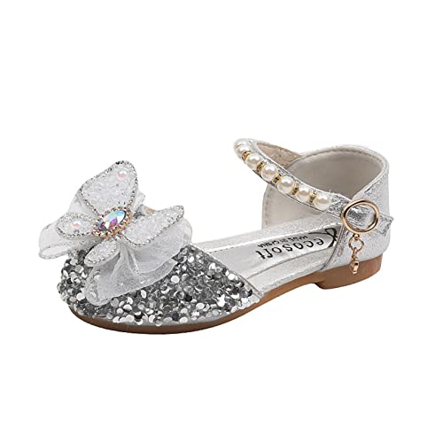 Gymnastikschuhe Mädchen Mode Kleinkind Mädchen Freizeitschuhe Lederschuhe Tanz Performance Schuhe Runde Zehenschnalle Kleid Schuhe (Silver, 28.5 Little Child) von Generisch