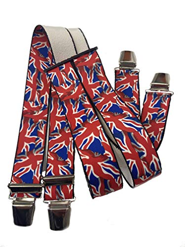 Großbritannien UK HOSENTRÄGER England- 35MM breite Hosenträger mit 4 Clips in H-Form verstellbare elastische Hosenträger mit starkem Metallclip Party Fasching Kostüm Karneval / England rot/blau ST-052 von EDERER