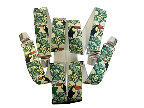 HOSENTRÄGER in Kunst-SEIDE mit RIESENTUKAN - Regenwald Amazonas - 35MM breite Hosenträger mit 4 Clips in H-Form verstellbare elastische Hosenträger mit starkem Metallclip/ Tukan bunt KS G-012 von Generisch