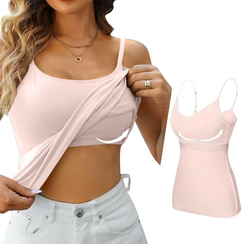 HUIFUAO Camisole Tops für Damen, integrierter BH, weißes Tanktop für Damen, sexy Weste, Sommer, Basic, Cami, Tanktops mit integriertem BH, A01 Beige, M von Generisch