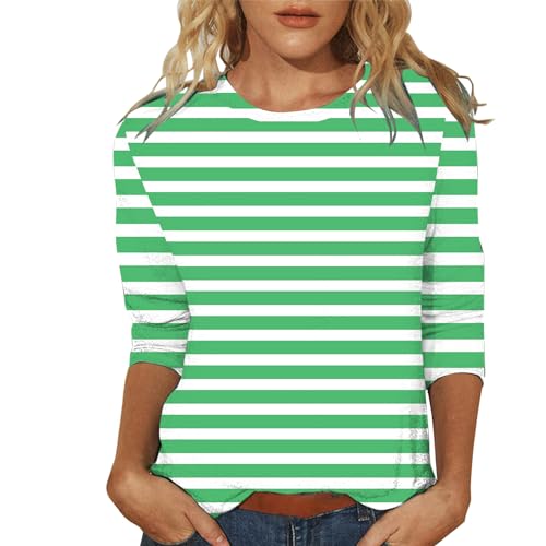 Generisch HUIFUAO Damen-T-Shirt, 3/4-Ärmel, gestreift, Farbblock, Rundhalsausschnitt, Sommer, Basic-Tops, T-Shirts für Frauen, T-Shirts für Frauen, lockere Passform, grün, M von Generisch