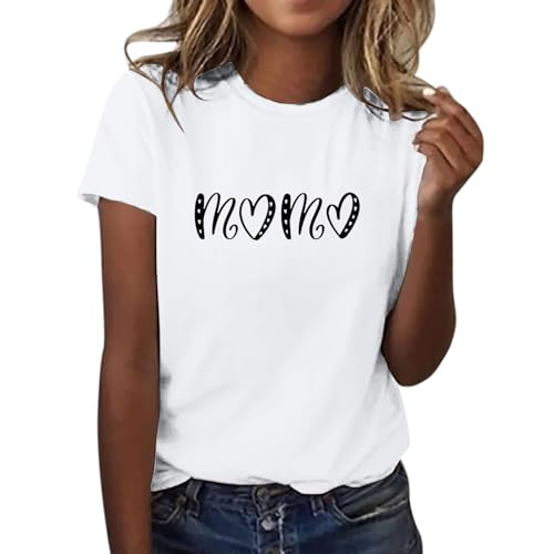 HUIFUAO Damen-T-Shirt, Mama-Buchstaben-Druck, Muttertags-T-Shirt, Rundhalsausschnitt, kurzärmelig, T-Shirts für Damen, A01 Weiß, M von Generisch