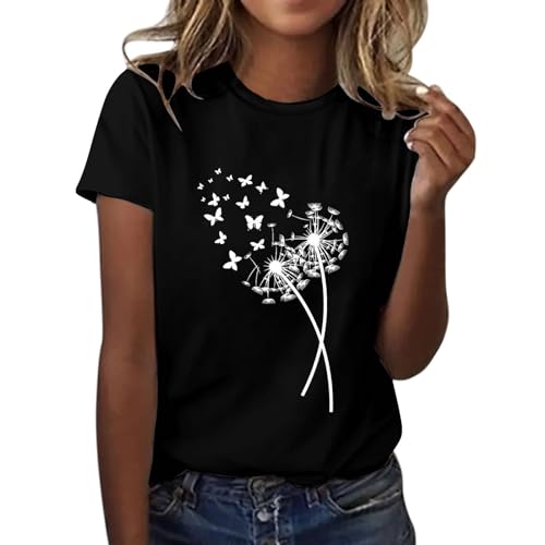 HUIFUAO Damen-T-Shirt, Sommer, Pusteblumen, Schmetterling, Kaktus, Herz, Buchstabendruck, Tops, Rundhalsausschnitt, kurzärmelig, A04 Schwarz, XXX-Large von Generisch