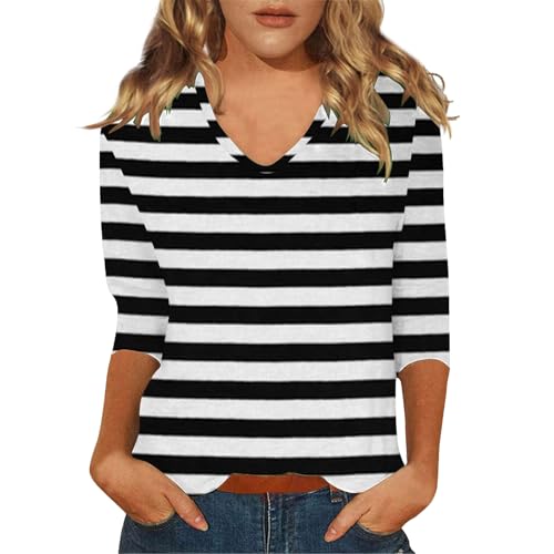 HUIFUAO Damen-T-Shirts, 3/4-Ärmel, T-Shirts für Damen, Sommer, gestreift, Farbblock-Top, weißes T-Shirt, Z03 Black, XXL von Generisch