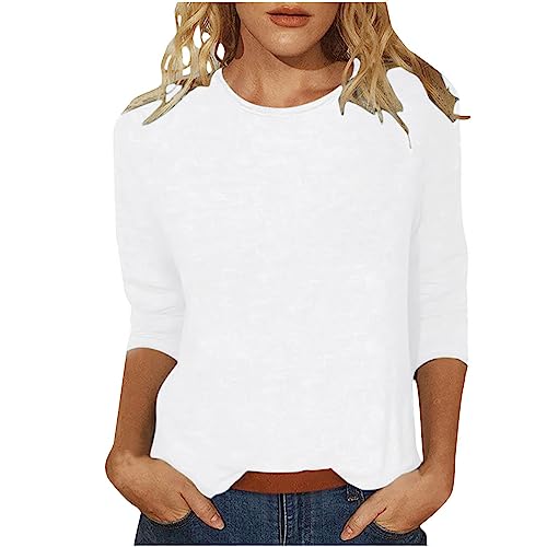 HUIFUAO Damen-T-Shirts für Damen, lockere Passform, einfarbig, elegant, 3/4-Ärmel, Rundhalsausschnitt, weißes T-Shirt für Damen, Sommer-Basic-Top, A02 Weiß, XXL von Generisch