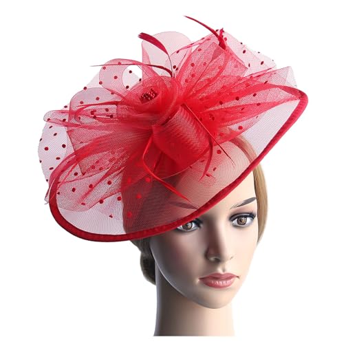 Haarband Breit Frauen Tea Party Stirnband Hochzeit Blume Cocktail Mesh Federn Haar Clip Kühlende Bekleidung (Red, One Size) von Generisch