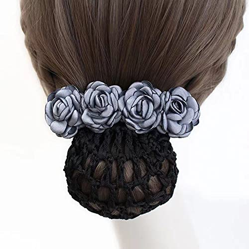 Haarnetz mit Rosenfeder-Clip, gehäkelt, Blumen-Haarspangen, klassischer Sommer-Vintage-Stil, Blumen-Dutt, Damen-Fliege (grau-raues Netz) von Generisch