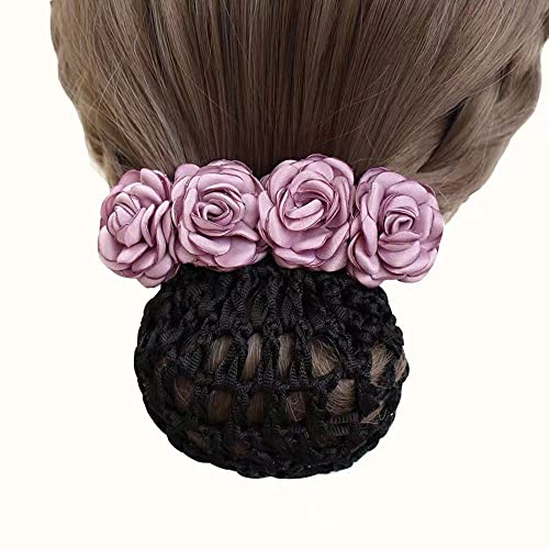 Haarnetz mit Rosenfeder-Clip, gehäkelt, Blumen-Haarspangen, klassischer Sommer-Vintage-Stil, Blumen-Dutt, Damen-Fliege (lila-raues Netz) von Generisch