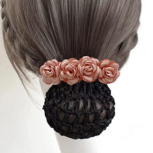 Haarnetz mit Rosenfeder-Clip, gehäkelt, Blumen-Haarspangen, klassischer Sommer-Vintage-Stil, Blumen-Dutt, Damen-Fliege (rosa-raues Netz) von Generisch