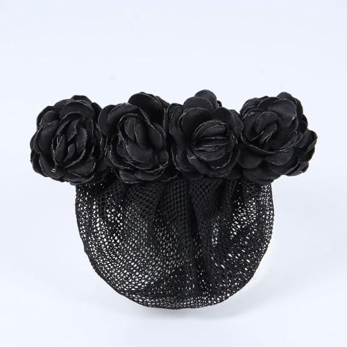 Haarnetz mit Rosenfeder-Clip, gehäkelt, Blumen-Haarspangen, klassischer Sommer-Vintage-Stil, Blumen-Dutt, Damen-Fliege (schwarzes, feines Netz) von Generisch